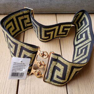 BWNT VERA Greca design adjustable tape belt in jet black / brilliant gold (OS)